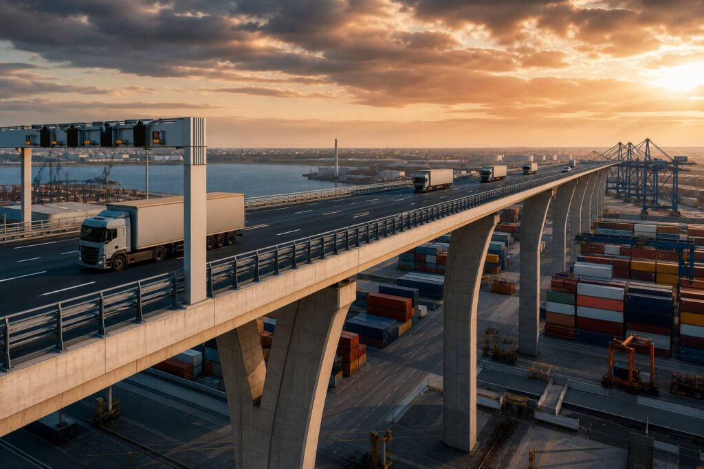 Viadotto autostradale moderno in acciaio sopra il terminal container di un porto