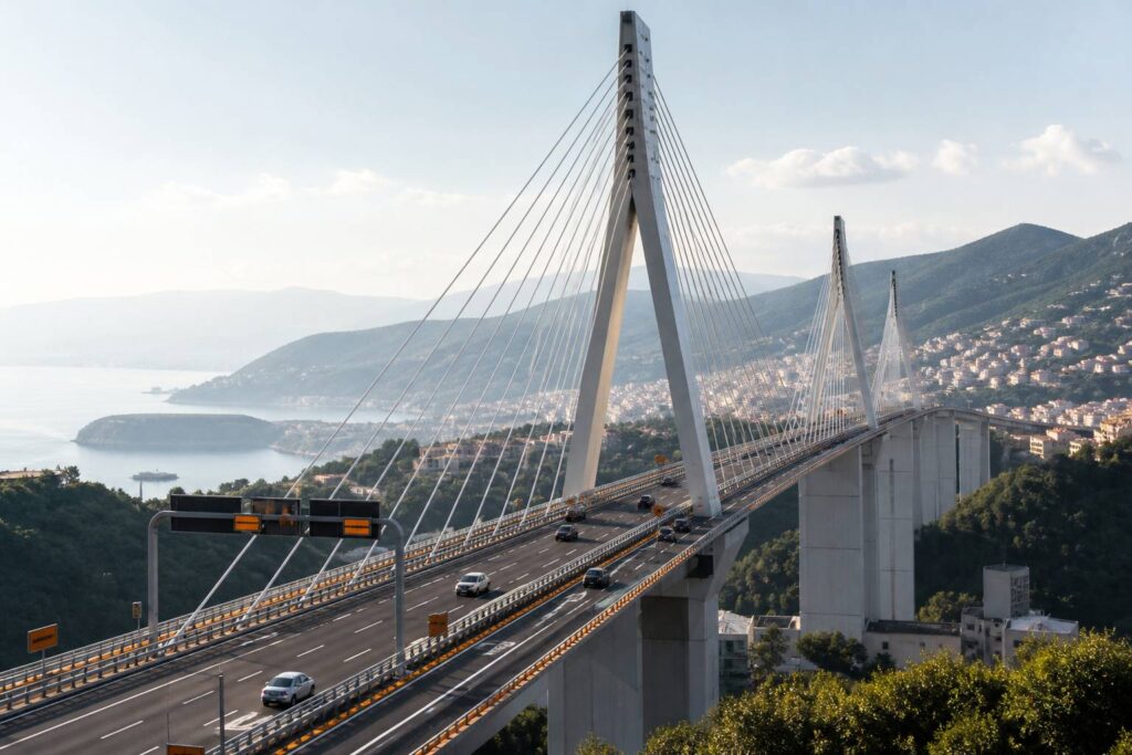 Viaduc moderne à haubans enjambant une vallée urbaine