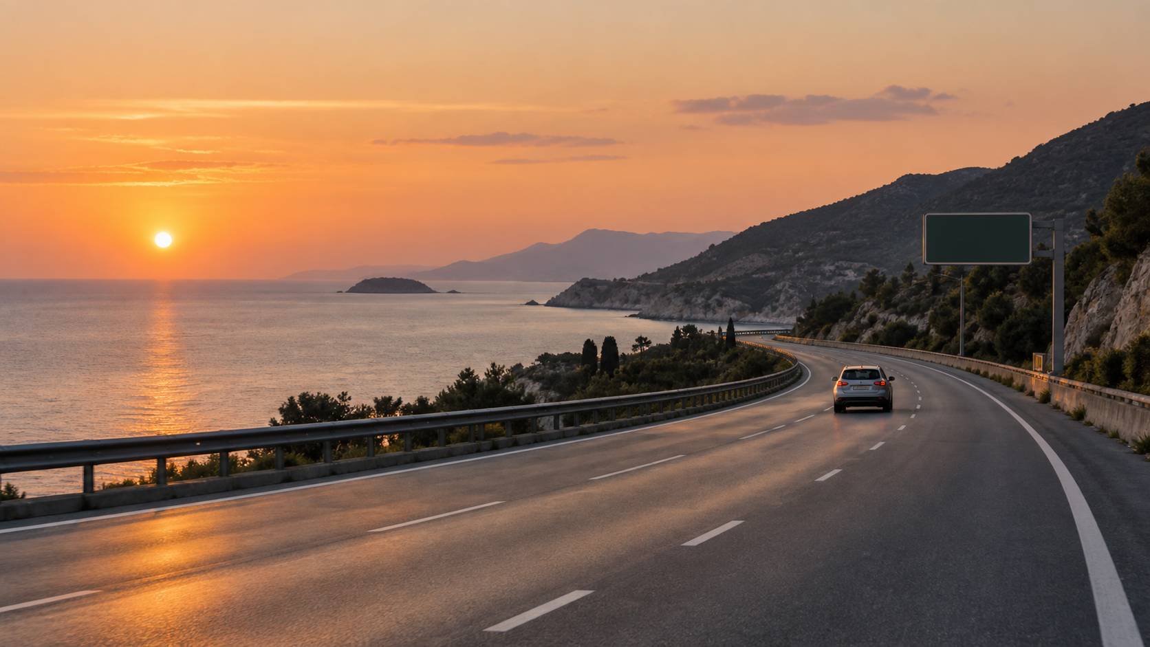 Tronçon d'autoroute côtière avec une voiture utilitaire en circulation