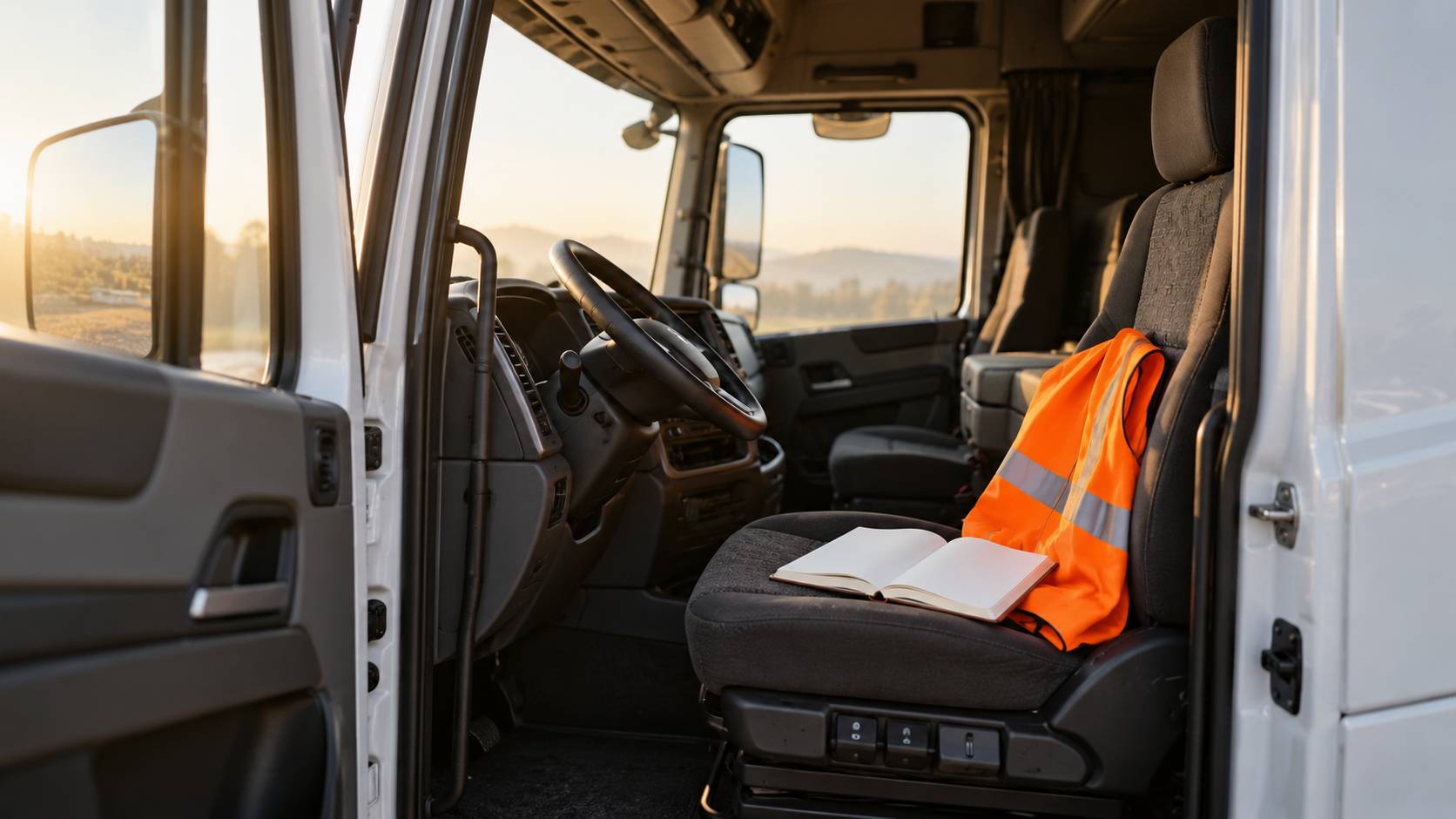 Poste de conduite de camion vu de l'exterieur, carnet et gilet sur le siege