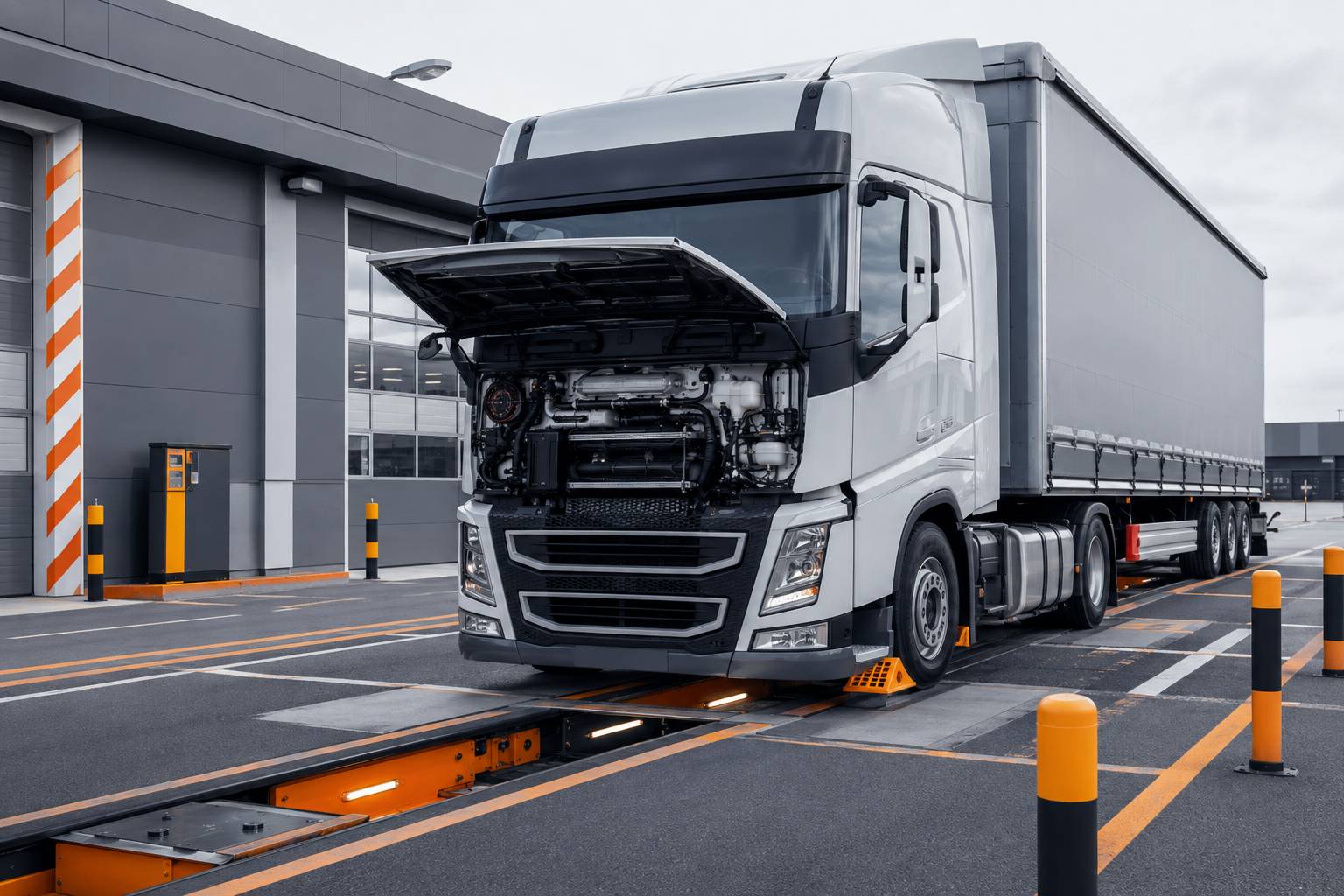Camion Euro VI générique capot ouvert sur une aire de contrôle sans logo