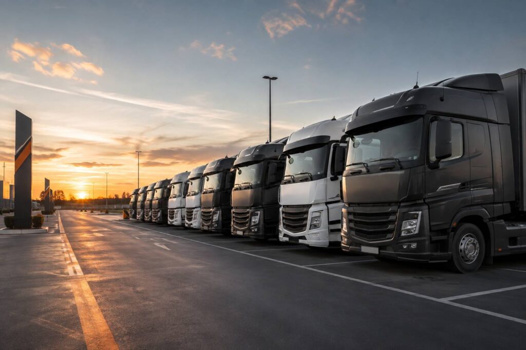 Camions industriels d'occasion génériques alignés dans un dépôt sans aucun logo