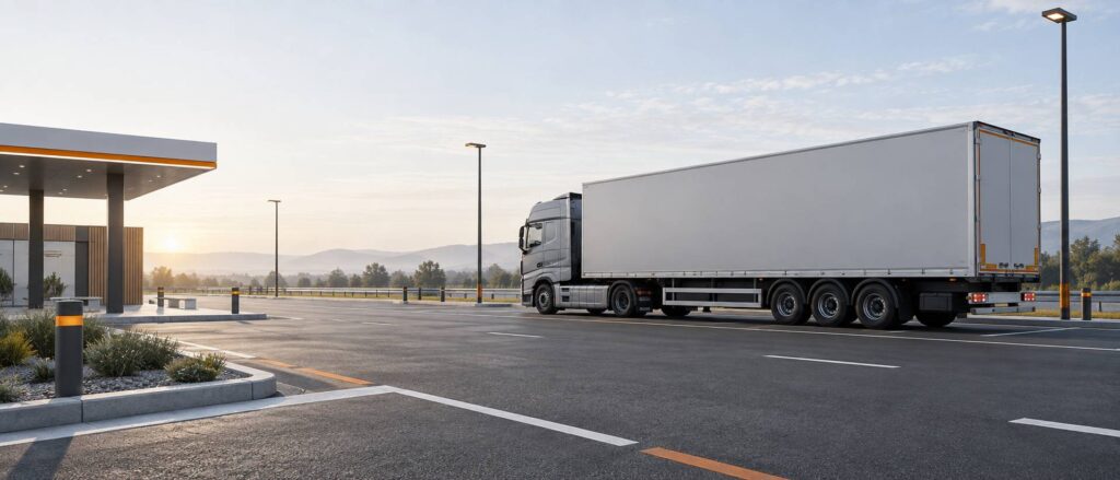 Camion de transport stationné sur une aire de repos autoroutière balisée