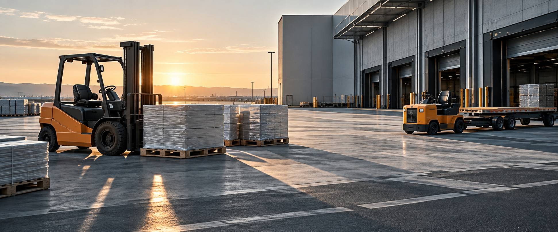 Chariot élévateur et unités de charge sur un terminal logistique
