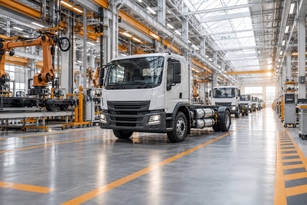 Illustration éditoriale du sujet : Lo stabilimento Iveco di Brescia celebra la produzione del 600.000° Eurocargo, un traguardo di eccellenza industriale