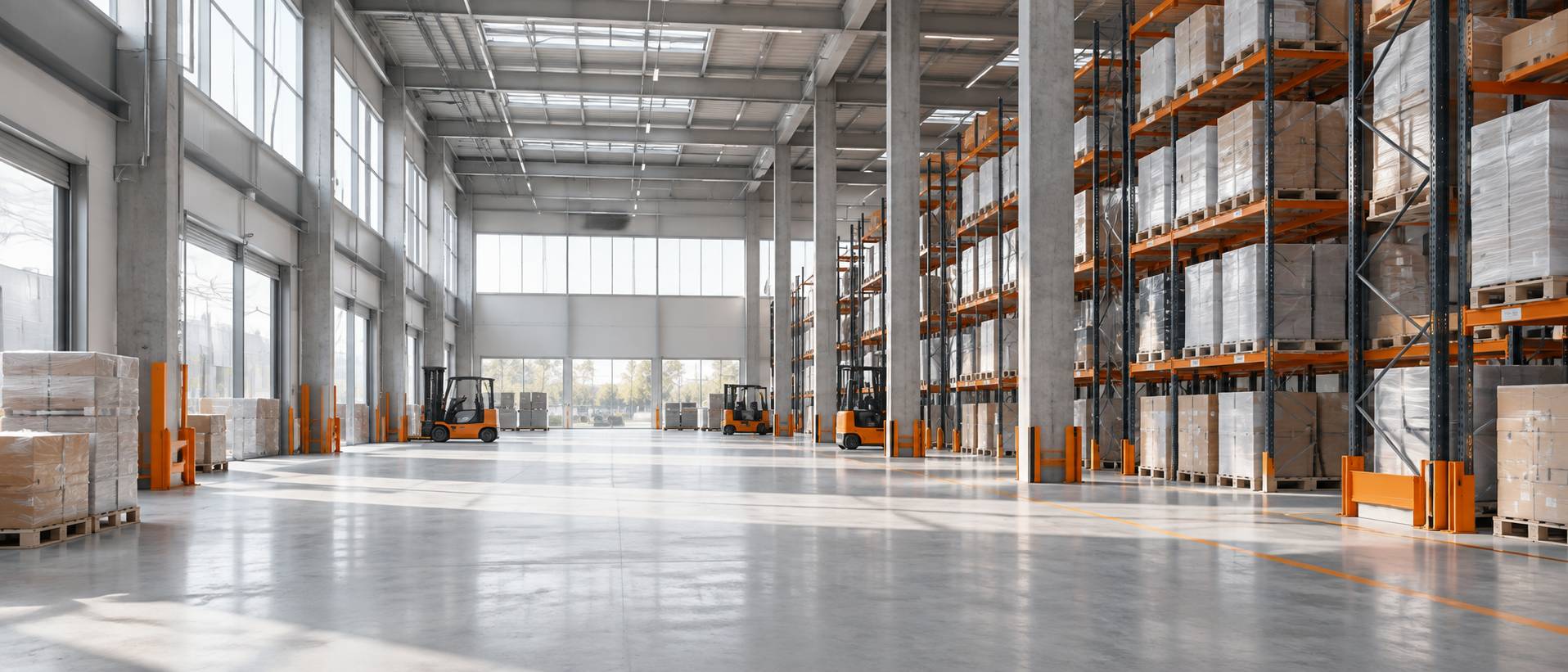 Dépôt logistique avec camions alignés devant des entrepôts et quais de chargement