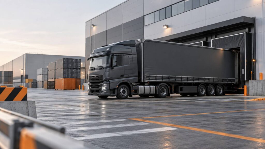 Semi-remorque gris sur un quai de chargement d'une plateforme logistique