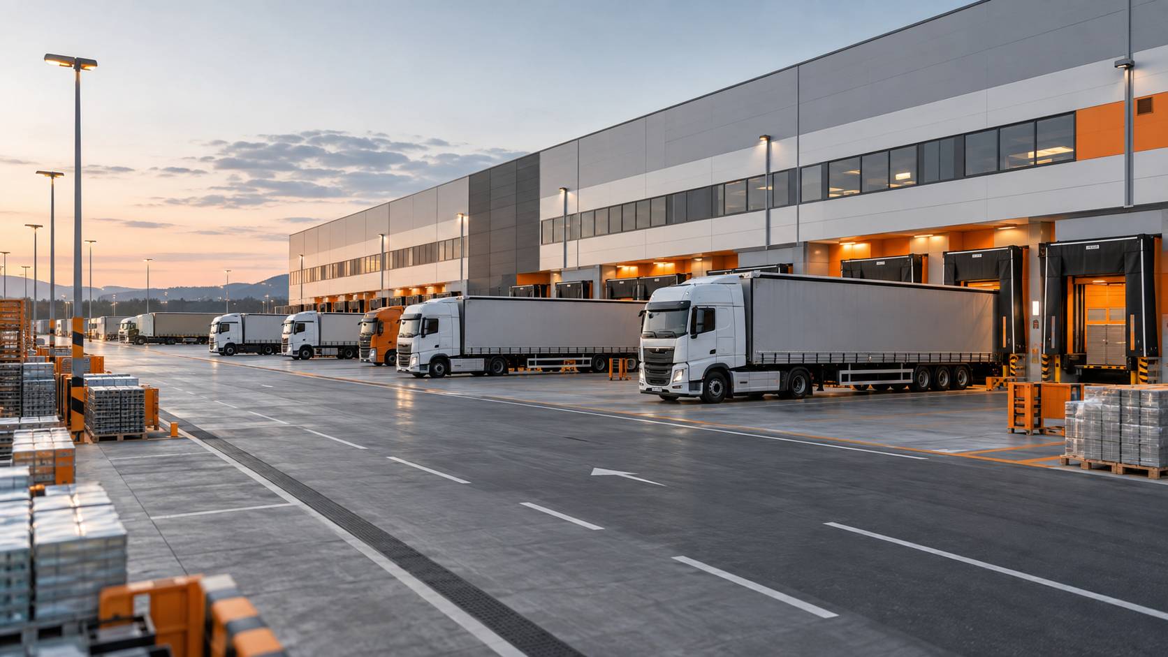 Semi-remorque gris sur un quai de chargement d'une plateforme logistique