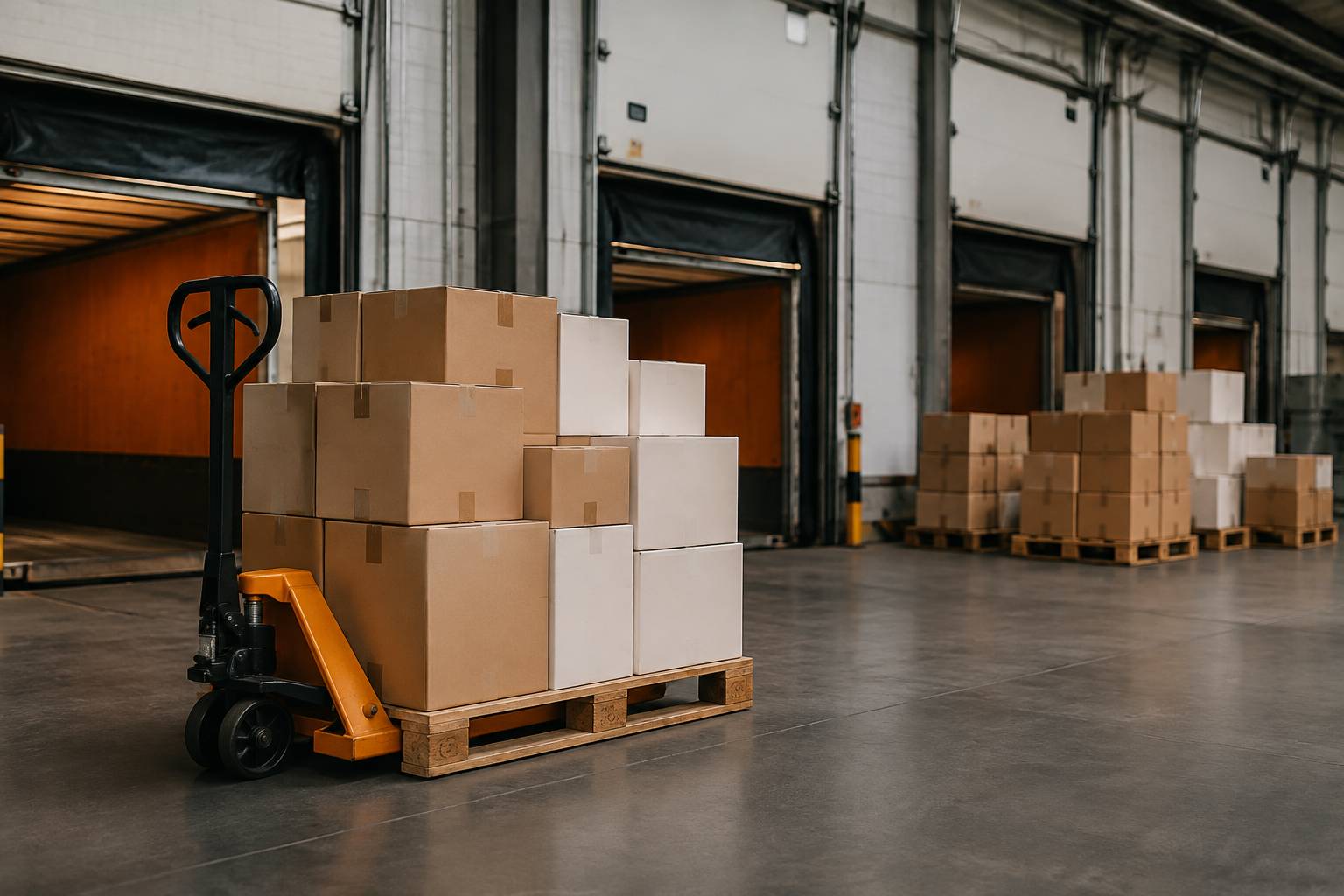 Transpalette chargé de palettes de cartons neutres sur un quai de chargement générique