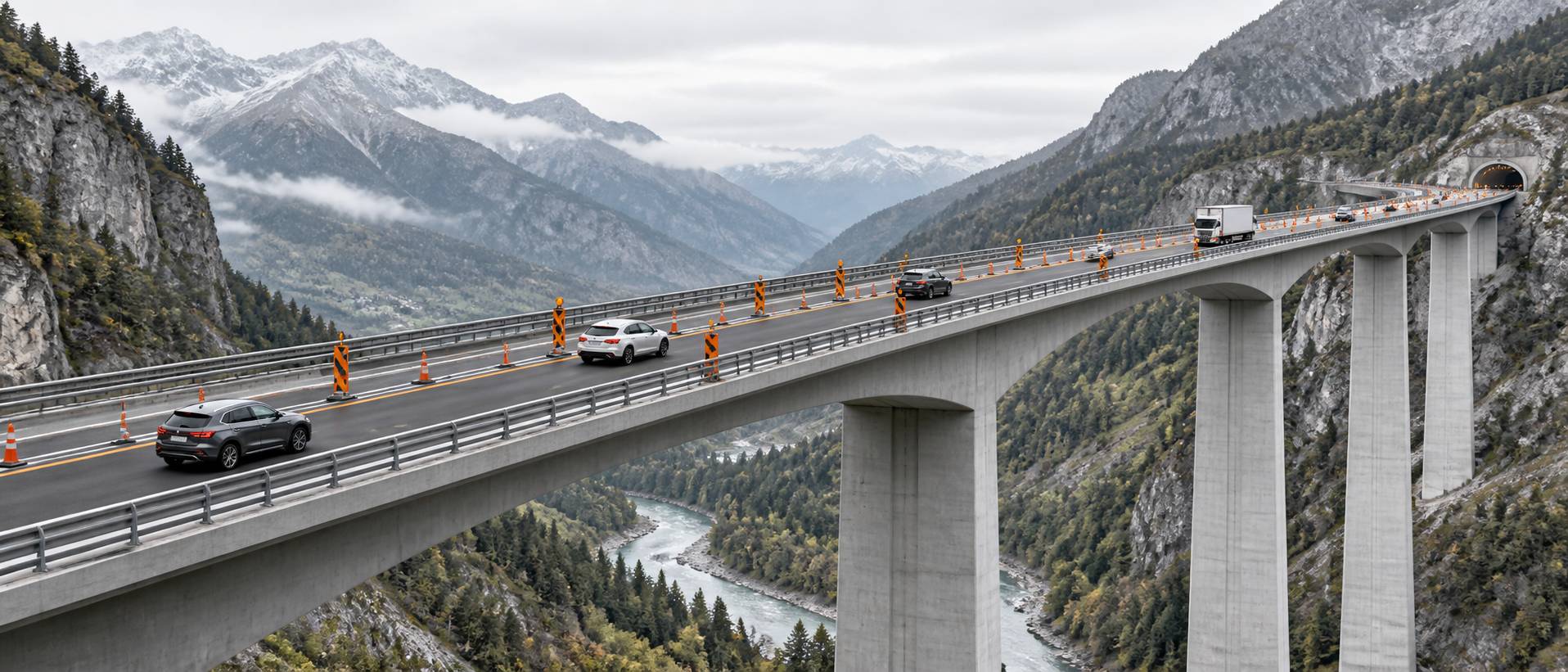 Illustration éditoriale du sujet : Restrizioni alla circolazione sul ponte Luegbrücke dell’A13 a partire dal 2025
