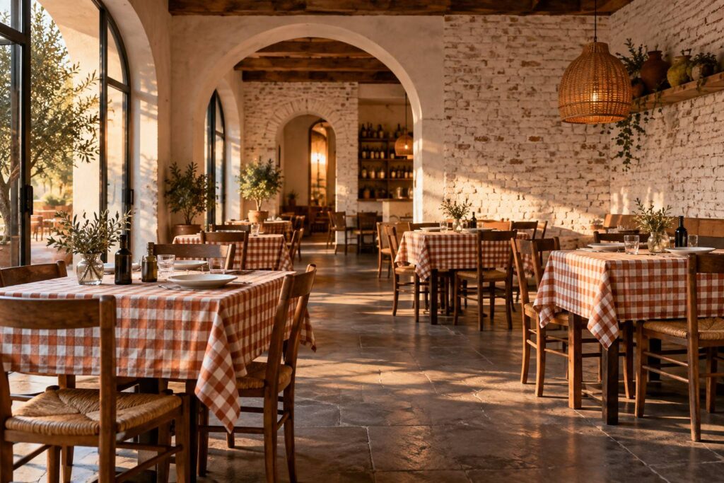 Salle de trattoria italienne traditionnelle avec nappes à carreaux et chaises en bois