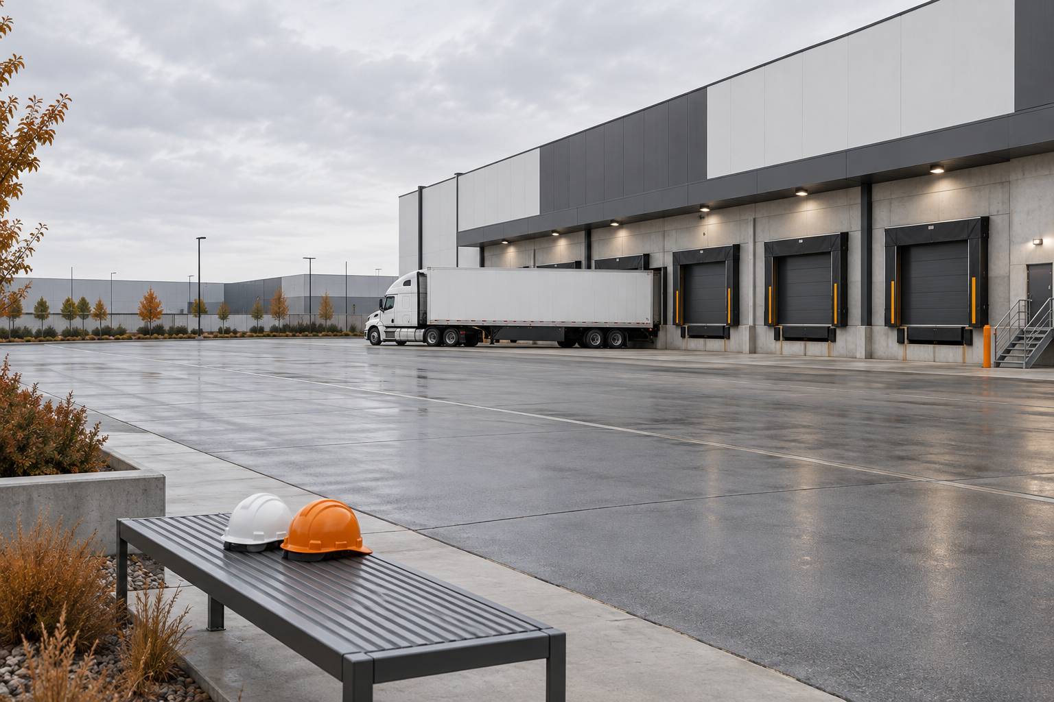 Quai de chargement logistique sobre avec semi-remorque vue de loin et sol en béton gris