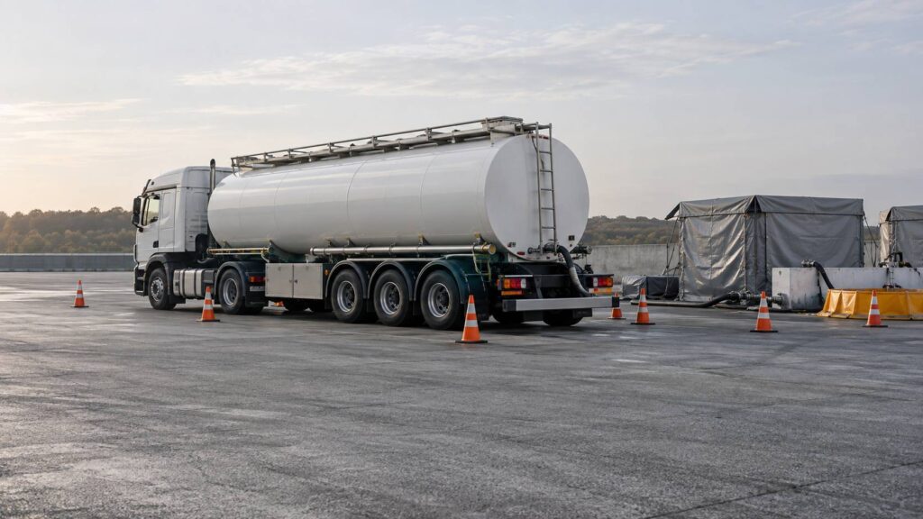 Camion-citerne gare sur une aire d'asphalte avec cones de securite
