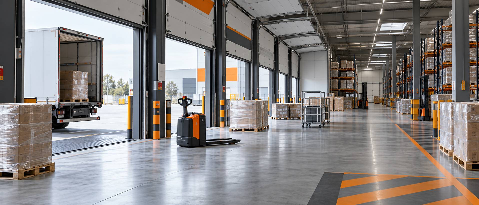 Plateforme logistique anonyme avec quais de chargement et semi-remorques alignés