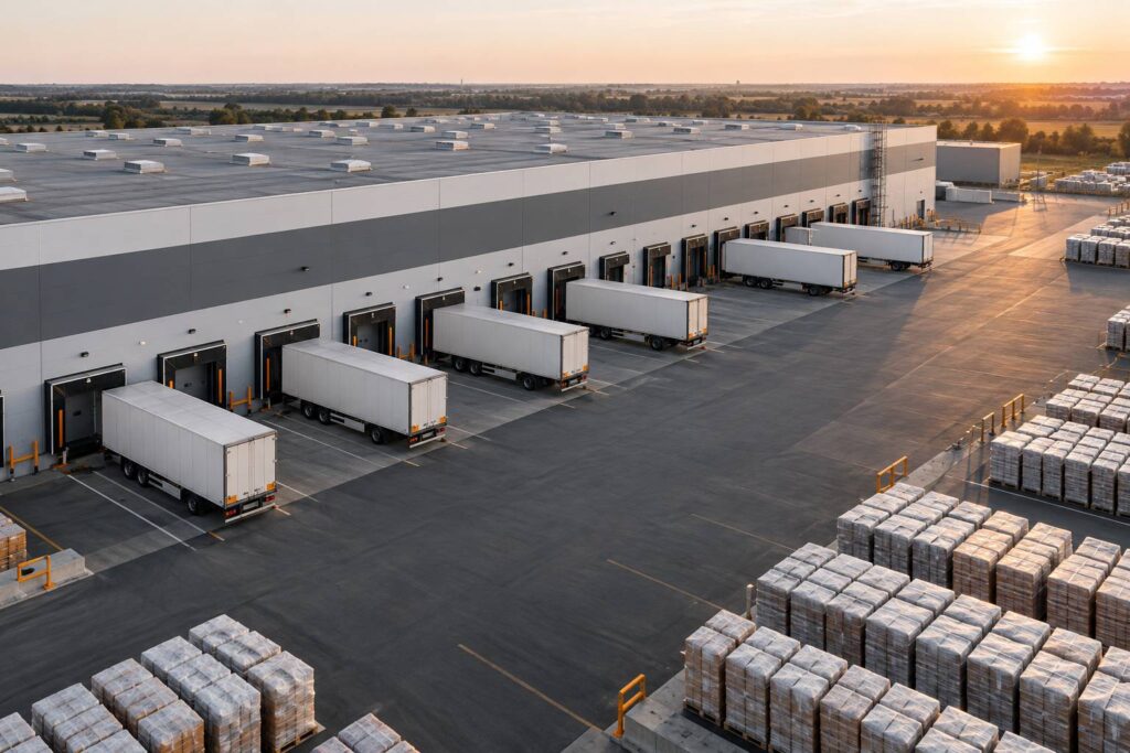Plateforme logistique anonyme avec quais de chargement et semi-remorques alignés