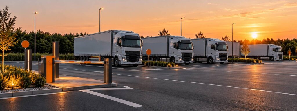 Aire de stationnement sécurisée pour poids lourds avec barrière et éclairage au crépuscule