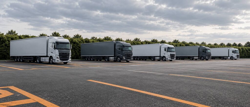 Aire de stationnement de poids lourds avec tarmac et remorques alignées