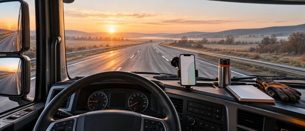 Cabine de poids lourd avec smartphone sur support affichant une carte routière abstraite