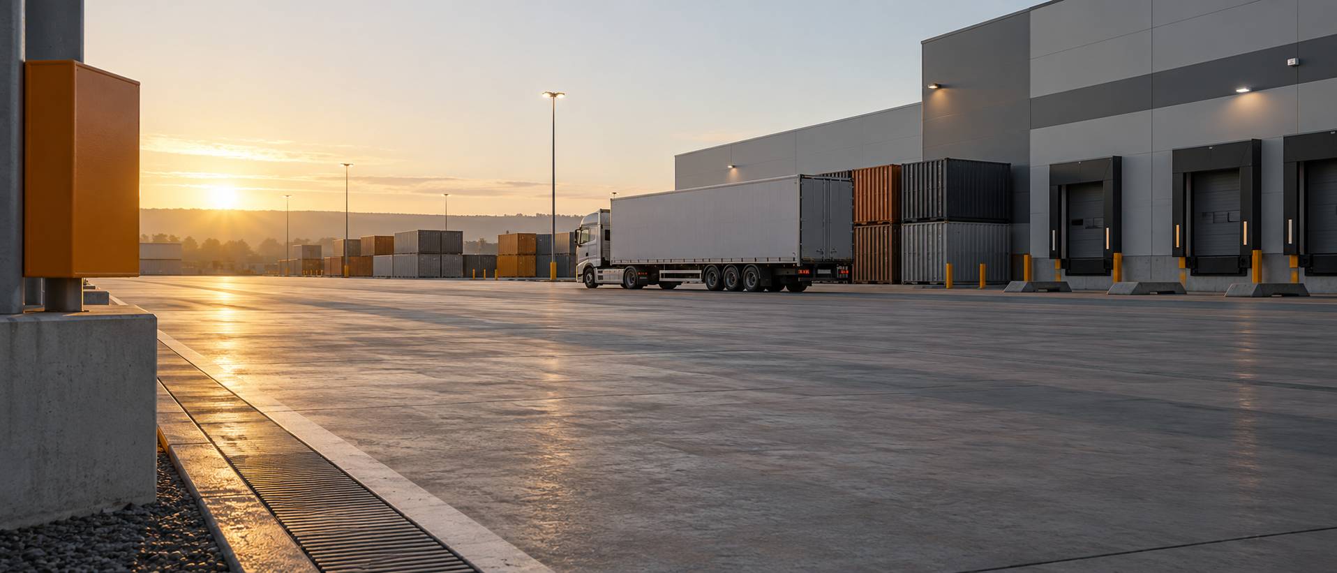 Parc logistique générique avec semi-remorque stationné au petit matin