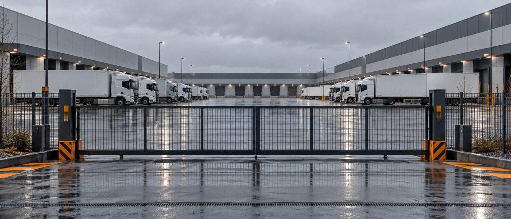 Dépôt logistique au repos avec camions génériques alignés sous les quais et grille fermée au premier plan