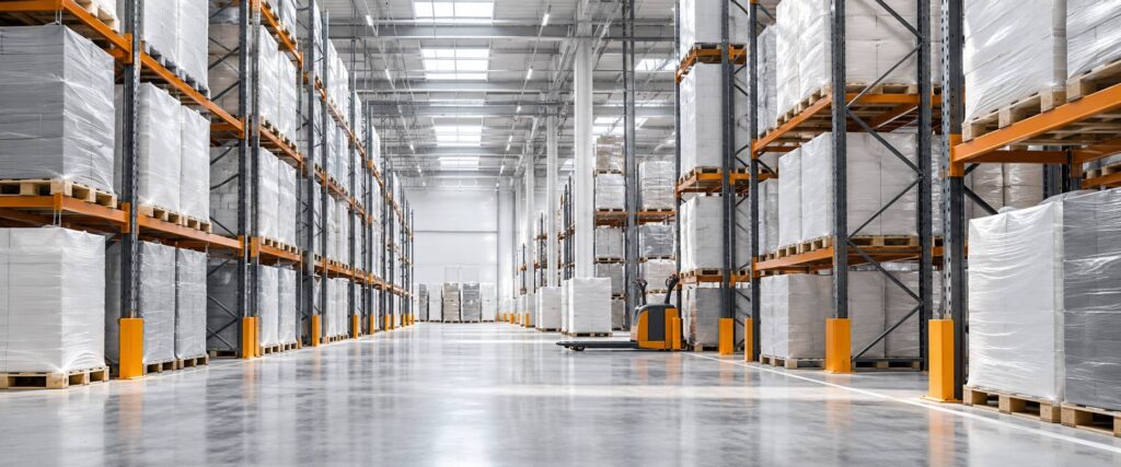 Intérieur d'entrepôt logistique avec allées de palettes et structures métalliques