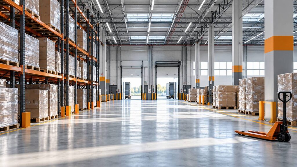 Entrepôt logistique avec palettes de cartons scellés et transpalette
