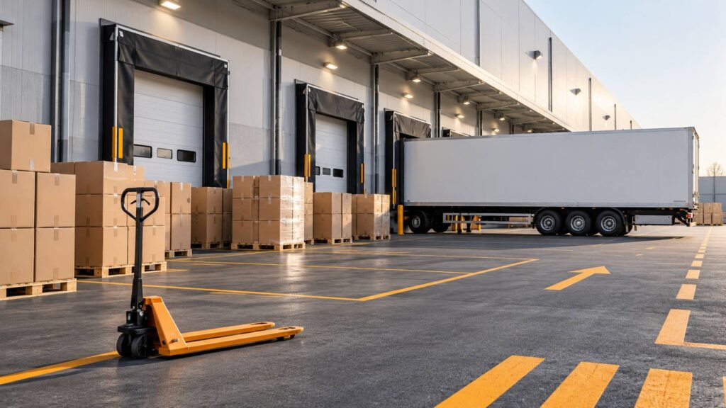 Cartons bruts empilés sur palettes devant des portes de quai avec transpalette et camion neutre