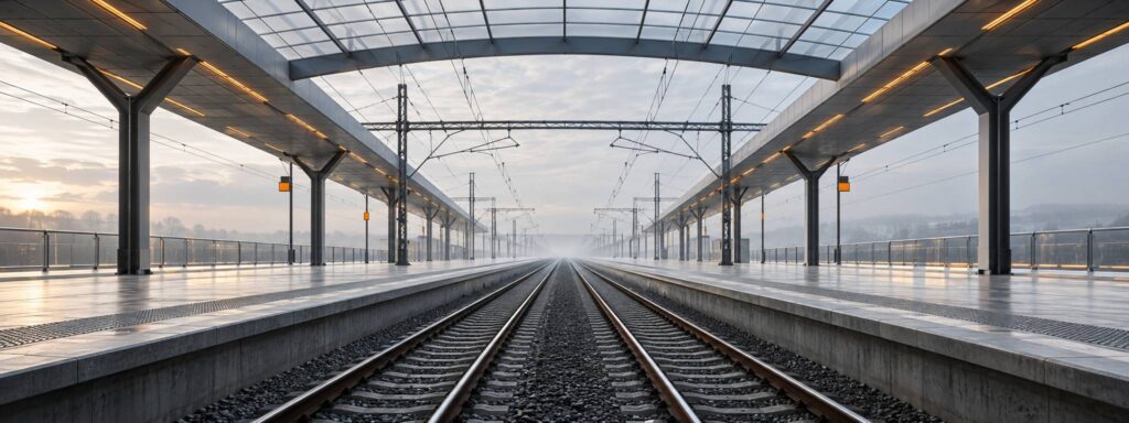 Quai de gare vide avec voies ferrées et caténaires sous une verrière