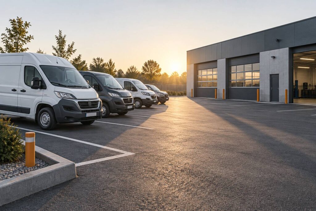 Aire de stationnement professionnelle avec véhicules utilitaires génériques stationnés