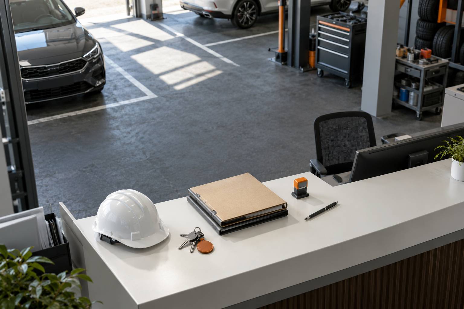Comptoir d'atelier automobile avec clés, chemises fermées et tampon encreur