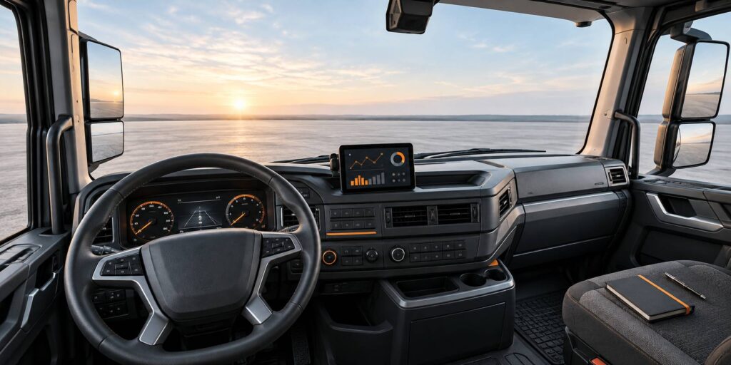 Boîtier télématique fixé au tableau de bord d'un camion de flotte