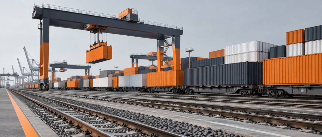 Terminal de fret ferroviaire avec conteneurs aligns et portiques de transbordement
