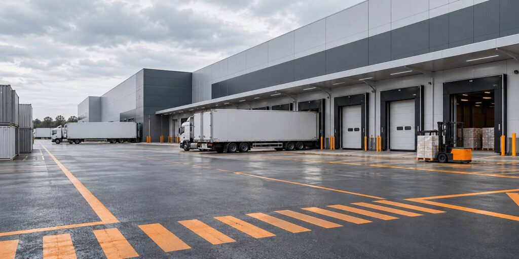 Quais de chargement et semi-remorques sans livree sur une plateforme logistique
