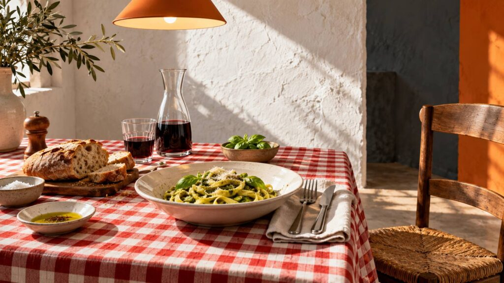 Assiette de pâtes fraîches au pesto et carafe de vin sur une nappe à carreaux de trattoria