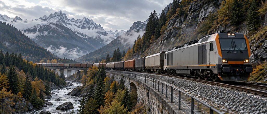 Treno merci su binario alpino con vagoni neutri, versanti boscosi e cielo nuvoloso